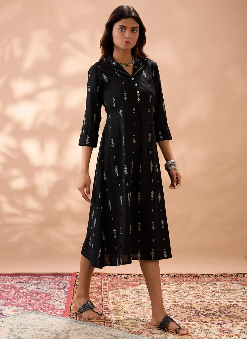 globus Globus Women Black Notched Lapel Roll Up Sleeves Ethnic Print A-Line Midi Dress